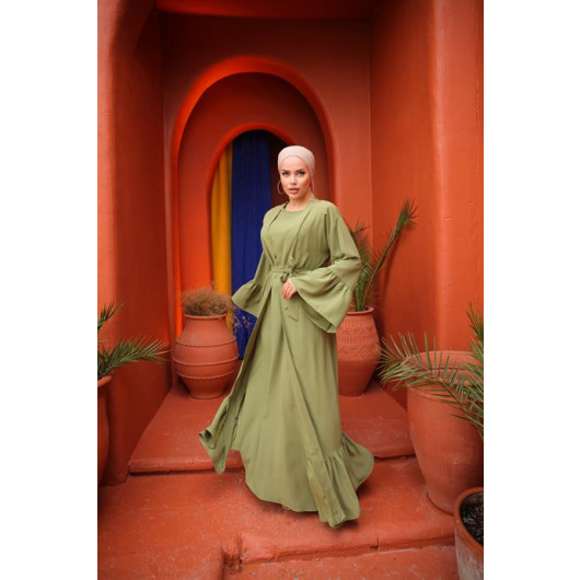 Ruffled Two Suit Abaya Pistic Green