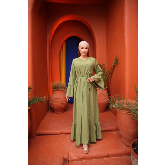 Ruffled Two Suit Abaya Pistic Green