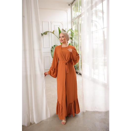 Ruffled Two Suit Abaya Orange