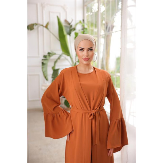 Ruffled Two Suit Abaya Orange