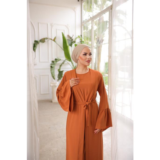 Ruffled Two Suit Abaya Orange