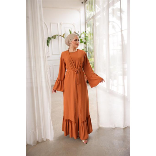 Ruffled Two Suit Abaya Orange