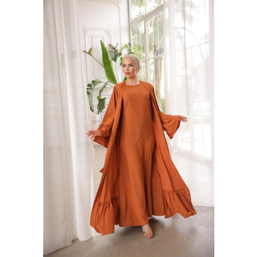 Ruffled Two Suit Abaya Orange