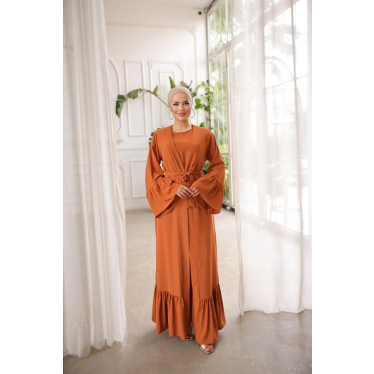 Ruffled Two Suit Abaya Orange