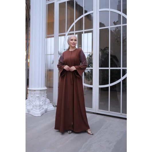 Stone Embroidered Abaya With Hidden Bolts And Sleeves Bitter Brown