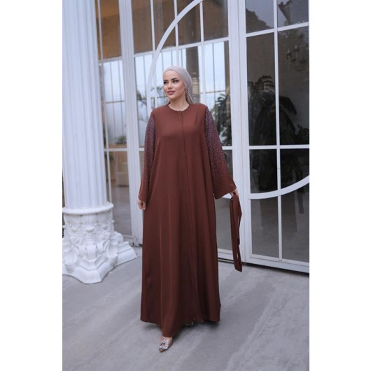 Stone Embroidered Abaya With Hidden Bolts And Sleeves Bitter Brown