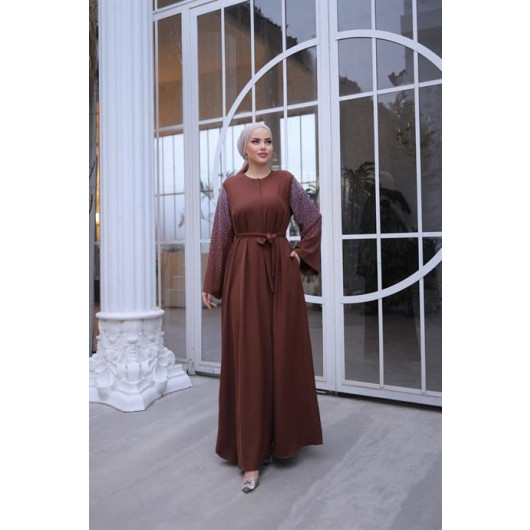 Stone Embroidered Abaya With Hidden Bolts And Sleeves Bitter Brown