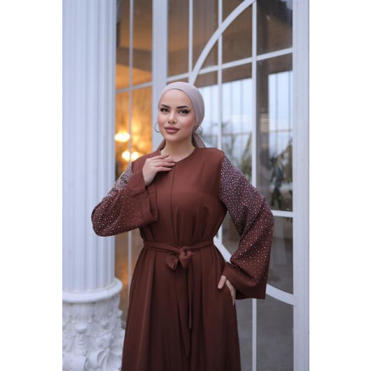 Stone Embroidered Abaya With Hidden Bolts And Sleeves Bitter Brown