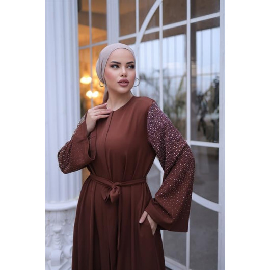 Stone Embroidered Abaya With Hidden Bolts And Sleeves Bitter Brown