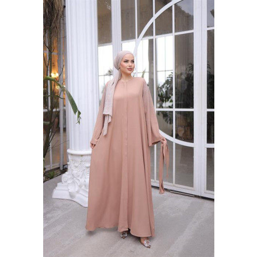 Mink Abaya With Hidden Bolts And Stone Embroidered Sleeves