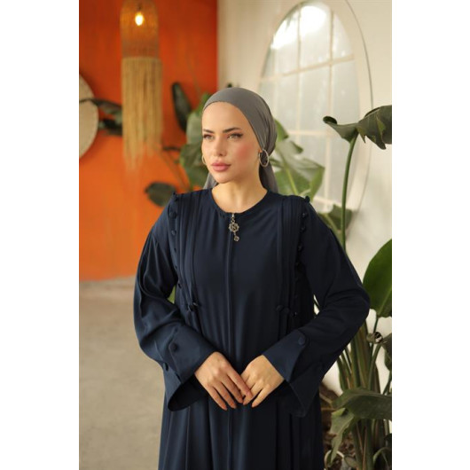 Coated Buttoned Ribbed Ababia Navy Blue