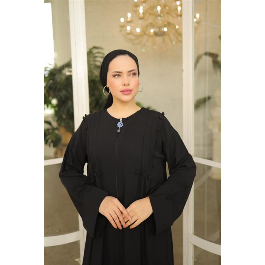 Coated Buttoned Ribbed Ababia Black