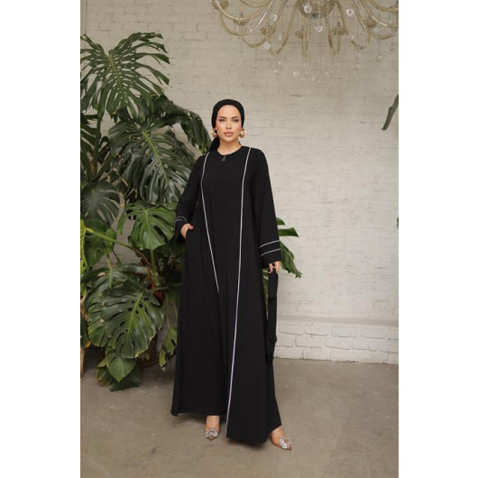 Abaya With Sleeves And Front Piping In Black