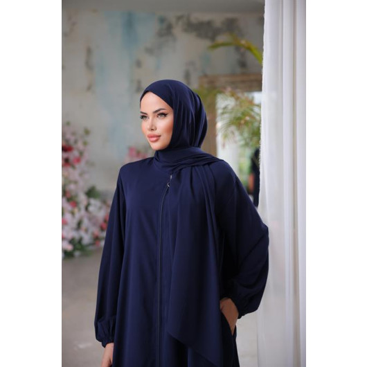 Medina Silk Prayer Dress With Shawl Navy Blue