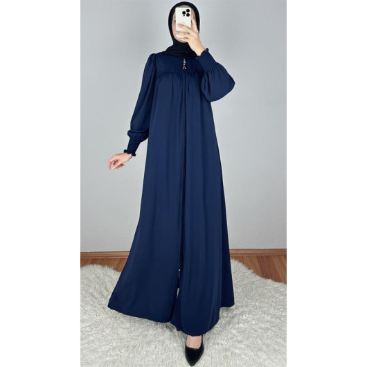 Decorative Overlocked Abaya With Robe Dark Blue