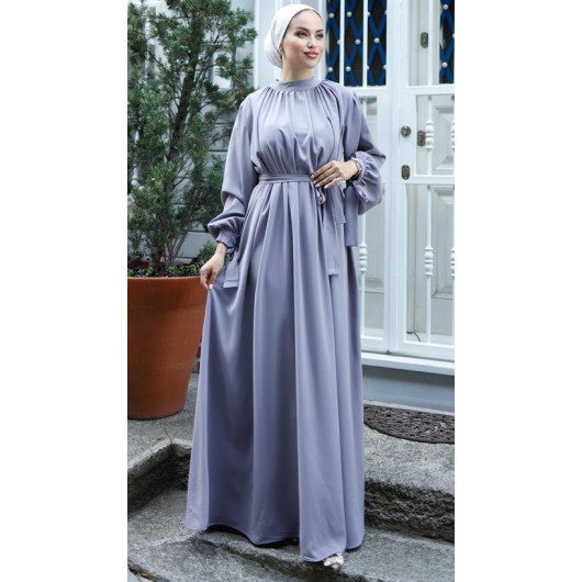 Hijab Shirt Neck Loose Dress Gray