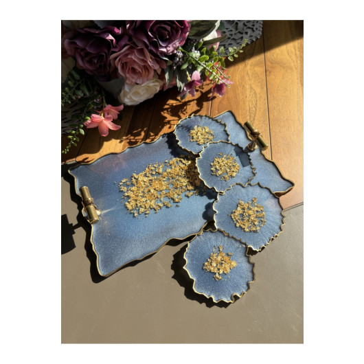 Gold Leaf Wavy Patterned Epoxy Presentation Tray Coasters Set