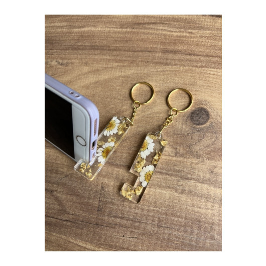 ميدالية مفاتيح ايبوكسي بأوراق ذهبية وزهور بابونج