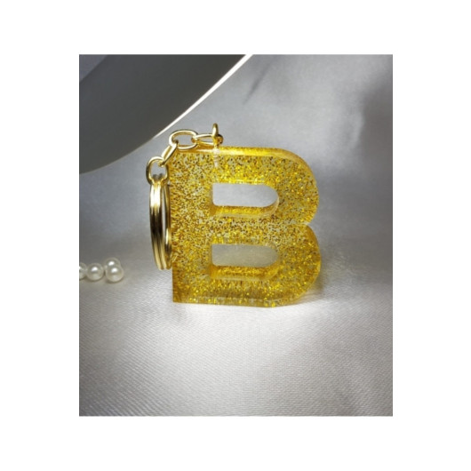 Letter B Gold Glitter Keychain, Transparent