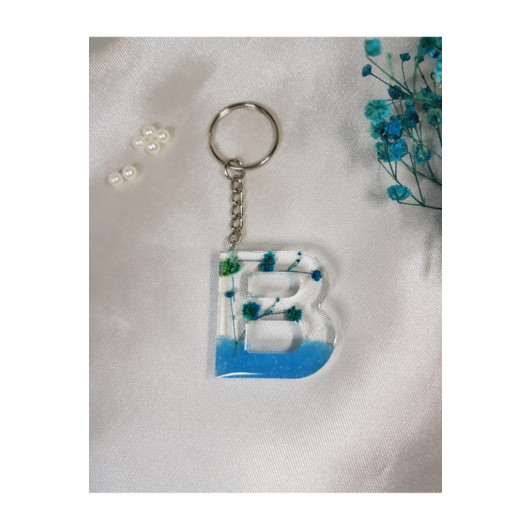 Letter B Blue Floral Epoxy Keychain, Transparent