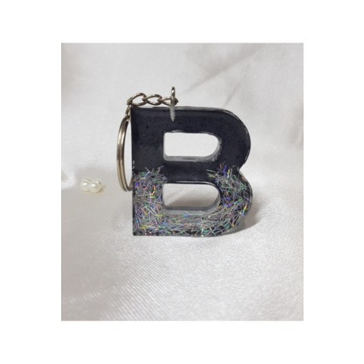 Letter B Black Silver Hologram Epoxy Keychain, Transparent