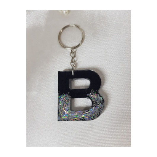Letter B Black Silver Hologram Epoxy Keychain, Transparent