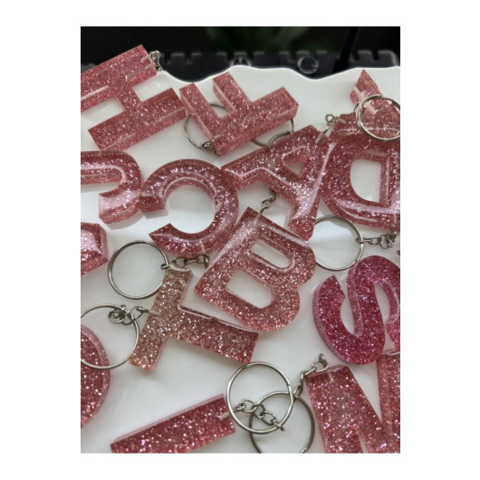Barbie Pink Glitter Epoxy Letter Keychain, Transparent