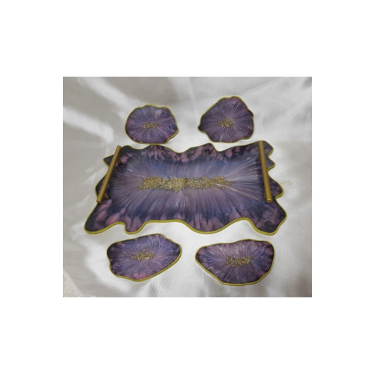 Gold Leaf Wavy Patterned Epoxy Tray Coasters Set, Purple Gold Gilded