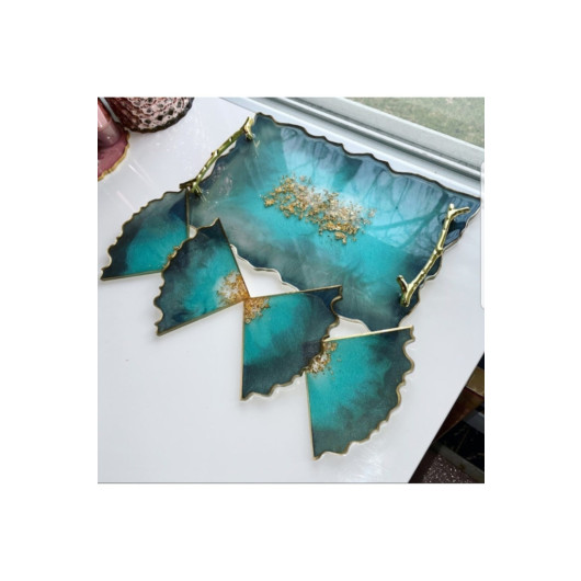 Gold Leaf Wavy Patterned Epoxy Tray Coaster Set, Pearl Iris