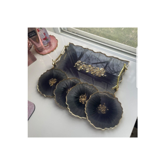 Large Size Gold Leaf Wavy Patterned Epoxy Tray Coaster Set