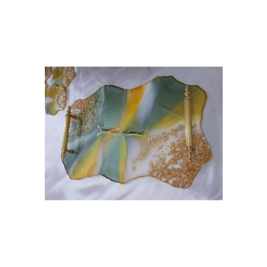 Gold Leaf Wavy Patterned Epoxy Tray Coaster Set, Green Gold Gilded 40X30