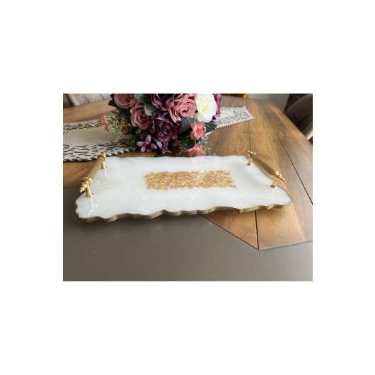 White Epoxy Tray With Gold Leaves Sultan Tasarım