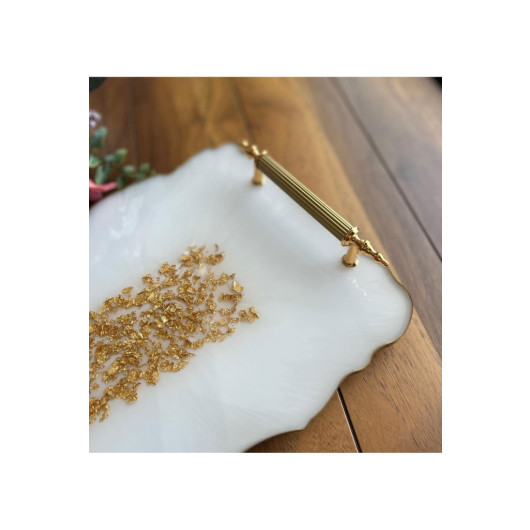 صينية ايبوكسي بيضاء  بأوراق ذهبية Sultan Tasarım