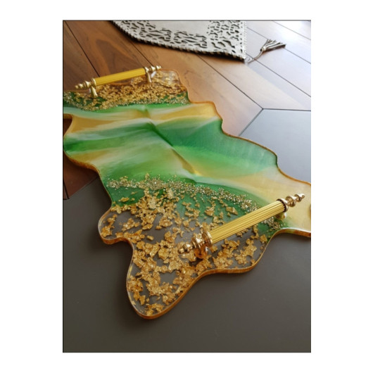 Large Size Gold Leaf Rectangular Wavy Epoxy Tray, Green Gold Gilded