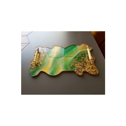 Large Size Gold Leaf Rectangular Wavy Epoxy Tray, Green Gold Gilded