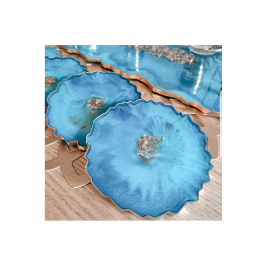 Large Size Silver Leaf Wavy Epoxy Tray Coaster Set, Light Blue