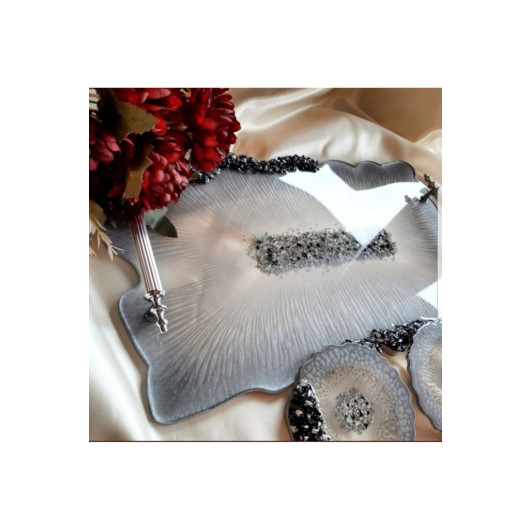 Silver Leaf Wavy Patterned Epoxy Tray Coaster Set, Gray