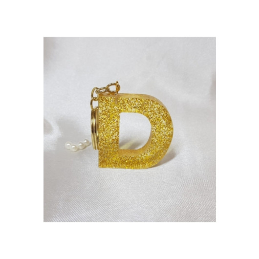 Letter D Gold Glitter Epoxy Keychain, Transparent