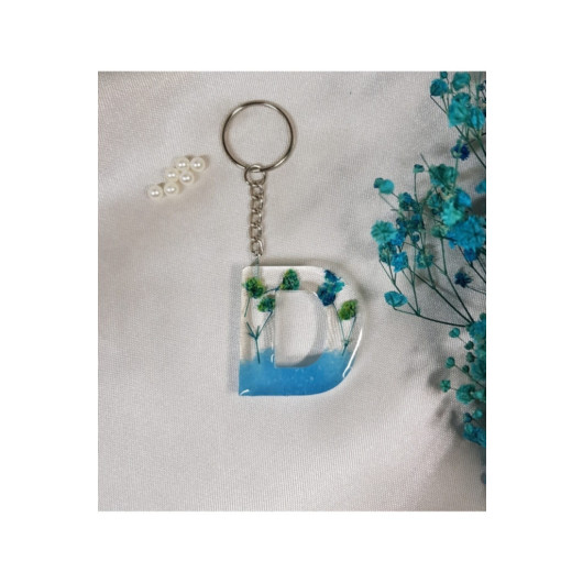 Letter D Blue Floral Epoxy Keychain, Transparent