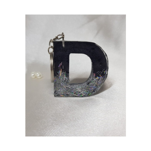 Letter D Black Silver Hologram Epoxy Keychain, Transparent