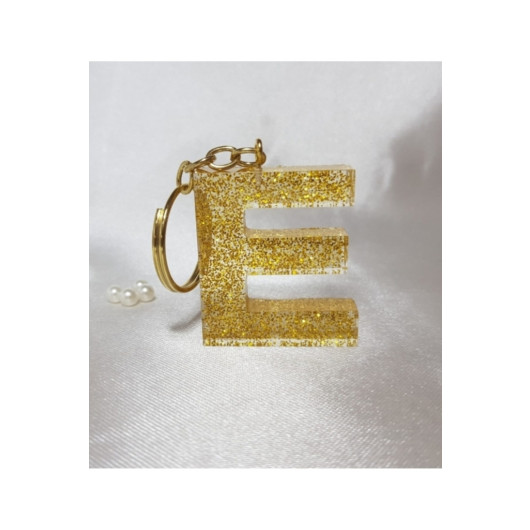 Letter E Gold Glitter Epoxy Keychain, Transparent