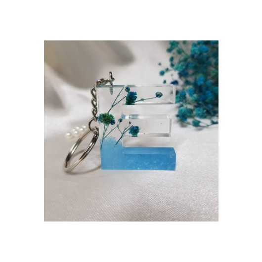 Letter E Blue Floral Epoxy Keychain, Transparent
