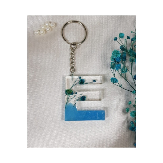 Letter E Blue Floral Epoxy Keychain, Transparent