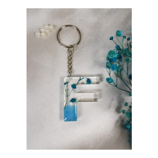 Letter F Blue Floral Epoxy Keychain, Transparent