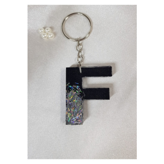 Letter F Black Silver Hologram Epoxy Keychain, Transparent