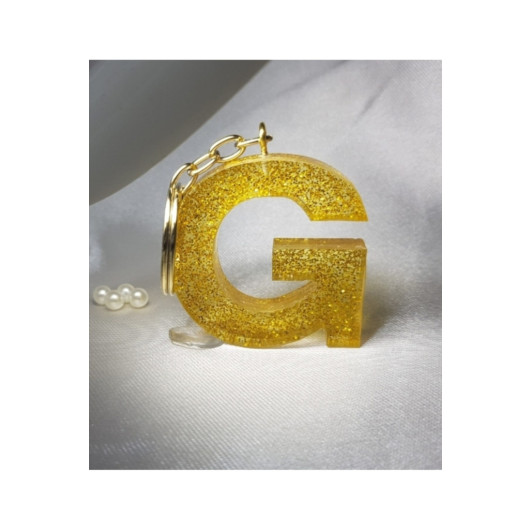 Letter G Gold Glitter Epoxy Keychain, Transparent