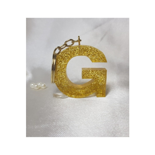 Letter G Gold Glitter Epoxy Keychain, Transparent