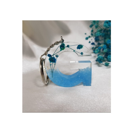 Letter G Blue Floral Epoxy Keychain, Transparent