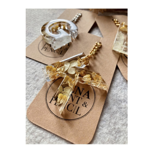 Gold Leaf Keychain With Real Dried Flowers, Transparent