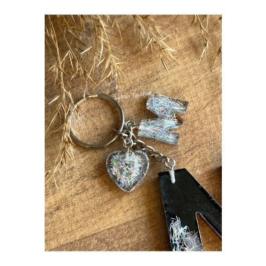 Silver Hologram Tiny Letter And Tiny Heart Attached Letter Keychain, Transparent